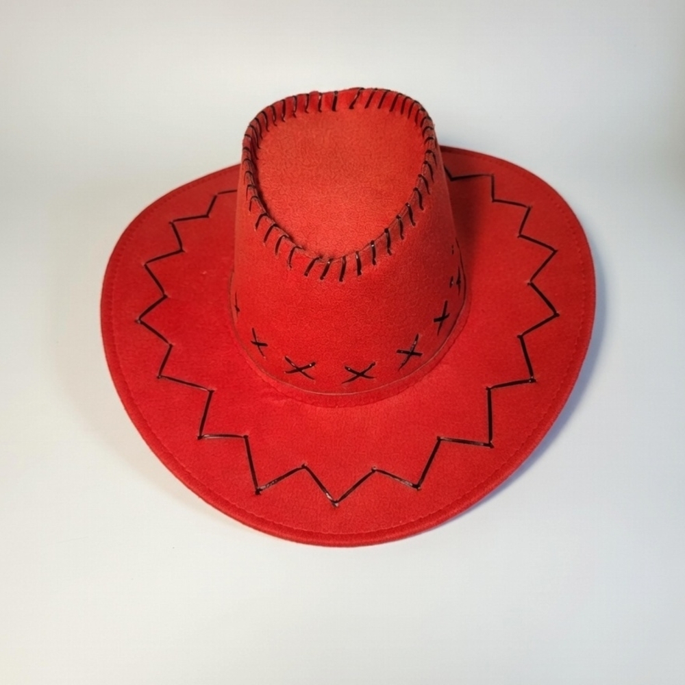 Unisex Red Suede Cowboy Hat with Black Stitching